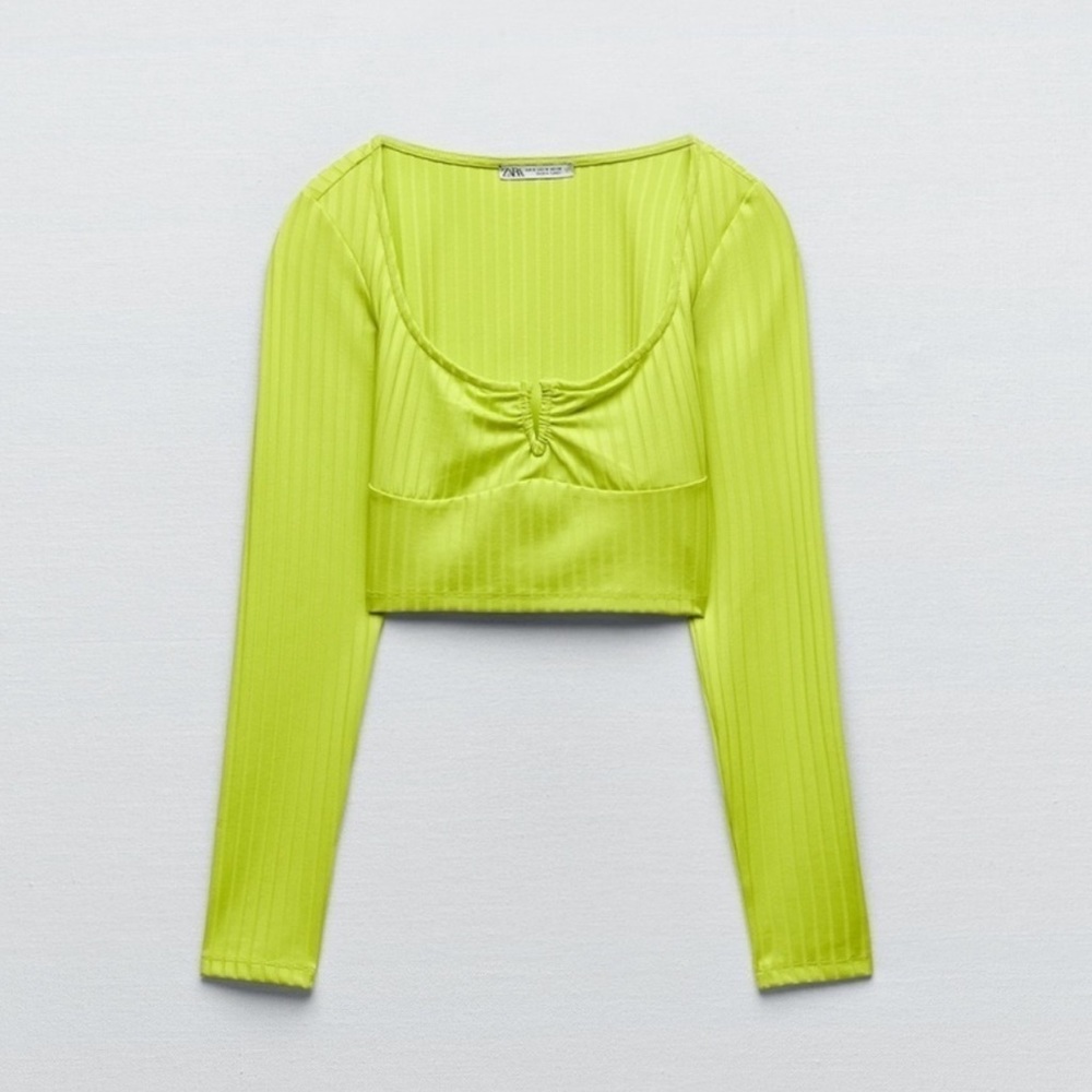 Zara Neon Lime Ribbed Long Sleeve Crop Top